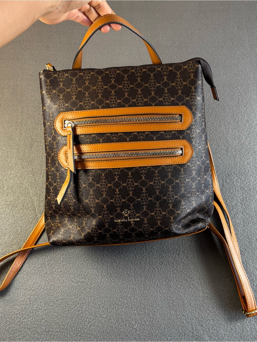 Nanette Lepore Convertible Backpack Crossbody Large Brown Monogram Tan Trim Bag